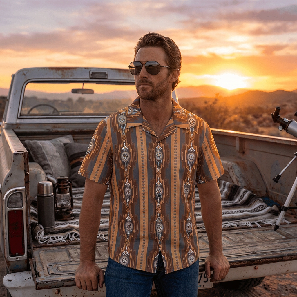 Baha Ranch Mocha Aztec Hawaiian Shirt Made in America Baha Ranch Western Wear