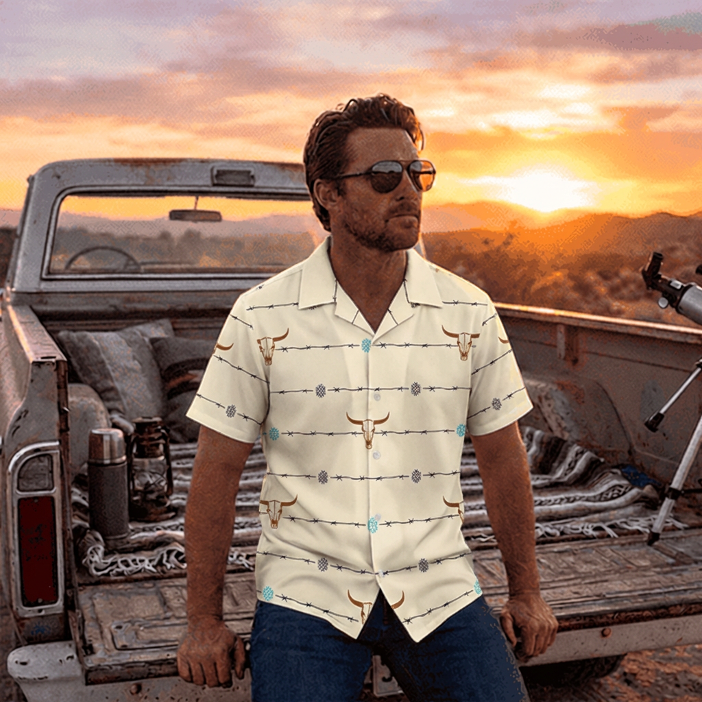Baha Ranch Barbwire Aztec Hawaiian Shirt Made in America Baha Ranch Western Wear
