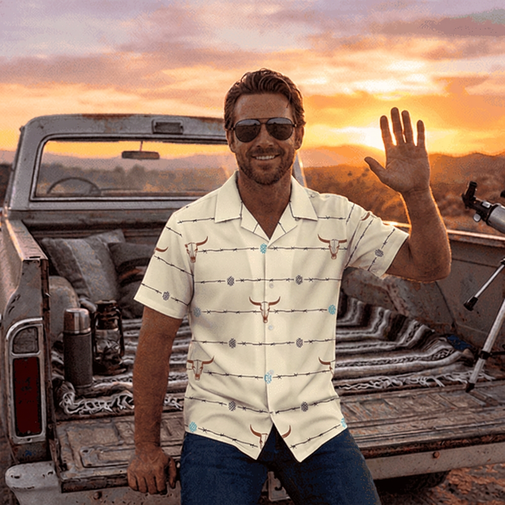 Baha Ranch Barbwire Aztec Hawaiian Shirt Made in America Baha Ranch Western Wear