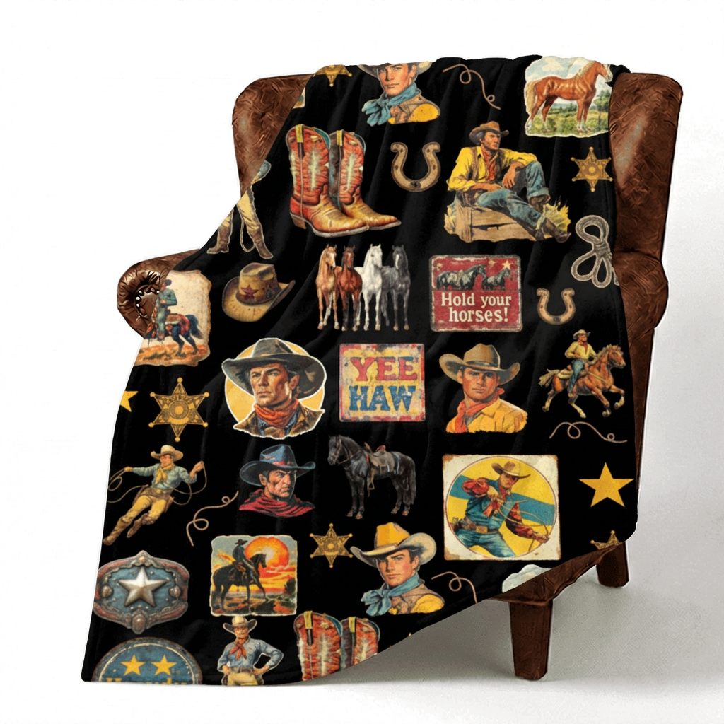 Baha Ranch Vintage Cowboy Collage Western Ultra Soft Minky Throw Blanket 60" x 80" Made in America Baha Ranch Western Wear