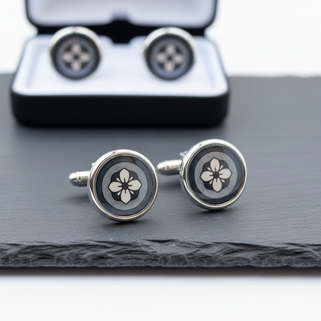 Handmade Italian cufflinks with chalk white floral print in clear resin in editorial macro product shot