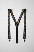 Elegant lemon yellow floral patterned silk suspenders in editorial product shot