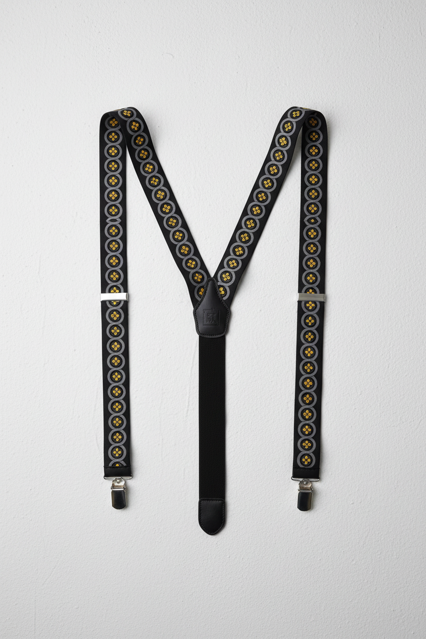 Elegant lemon yellow floral patterned silk suspenders in editorial product shot