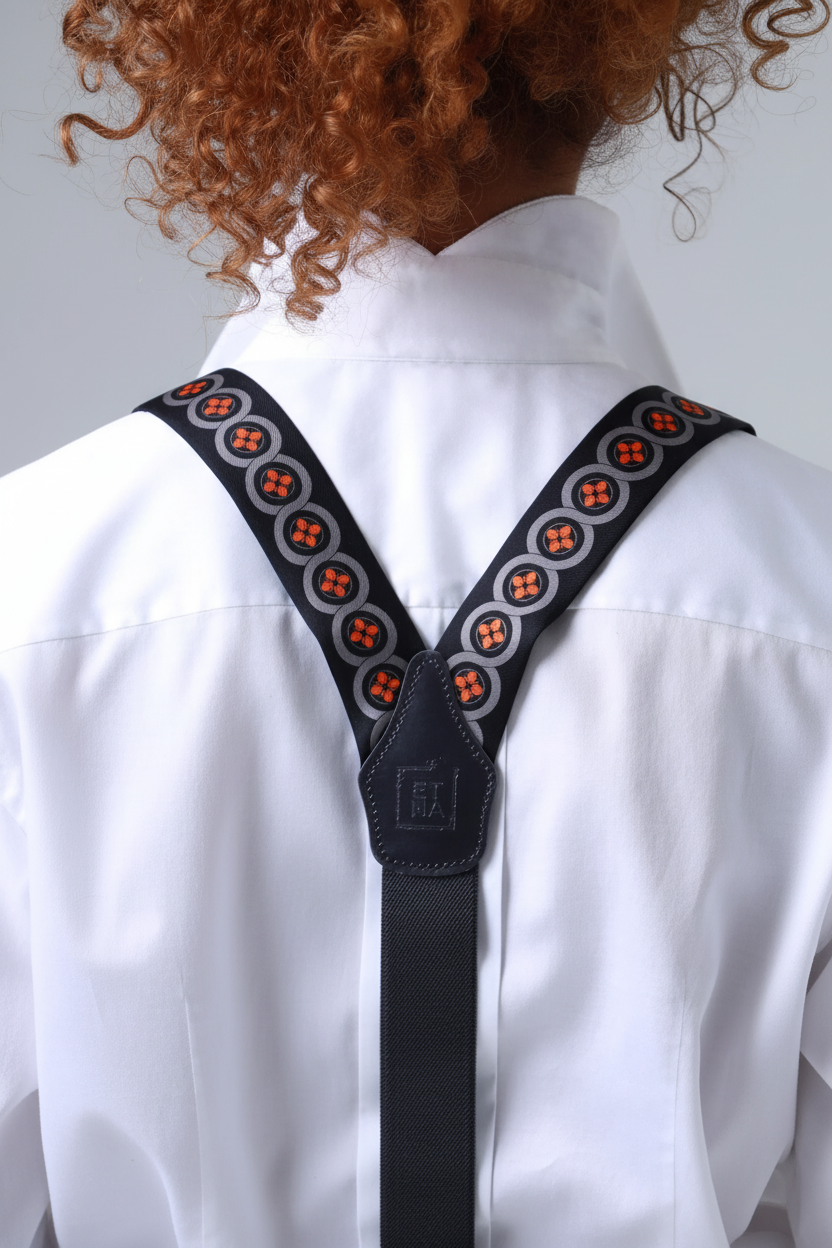 Elegant lava orange Etna floral patterned silk suspenders in editorial product shot