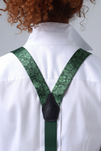 Elegant meadow green floral patterned silk suspenders in editorial product shot