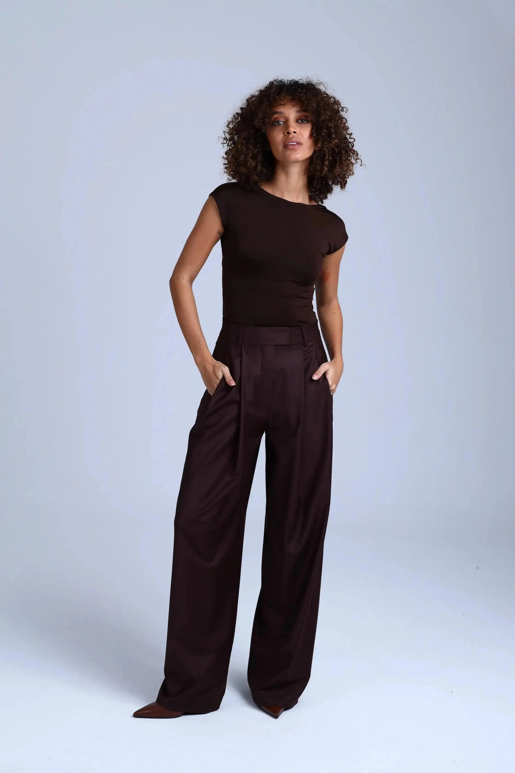 Brown Virgin Wool Pants Monica Wide-Leg in Dark Coffee ETNA