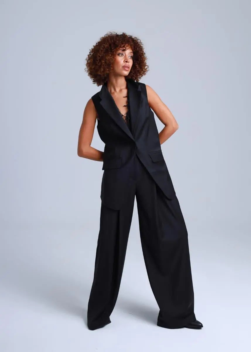 Deep Black Wide-Leg Virgin Wool Pants Liza ETNA