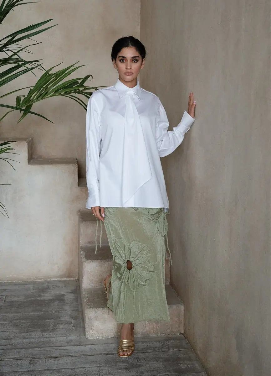 Quinta Tie Detail White Organic Cotton Shirt ETNA