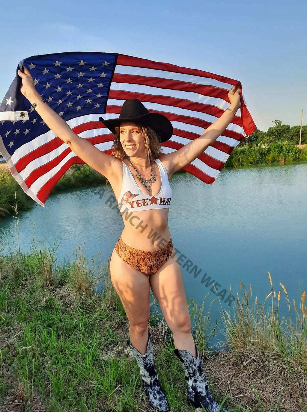 Yeehaw Tooled Leather Print Bikini Baha Ranch Western Wear