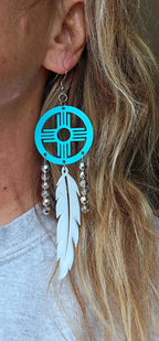 3D print Lightweight Turquoise New Mexico Zia Feather Dream Catcher Earrings Made in America Baha Ranch Western Wear