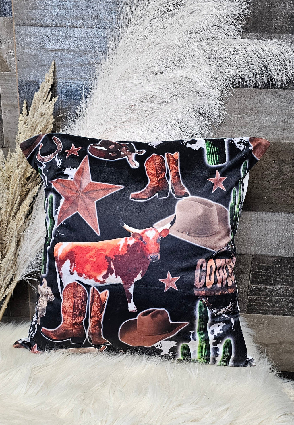 Baha Ranch Cowboy Collage Velvety Soft Throw Pillow Case Made in America Baha Ranch Western Wear