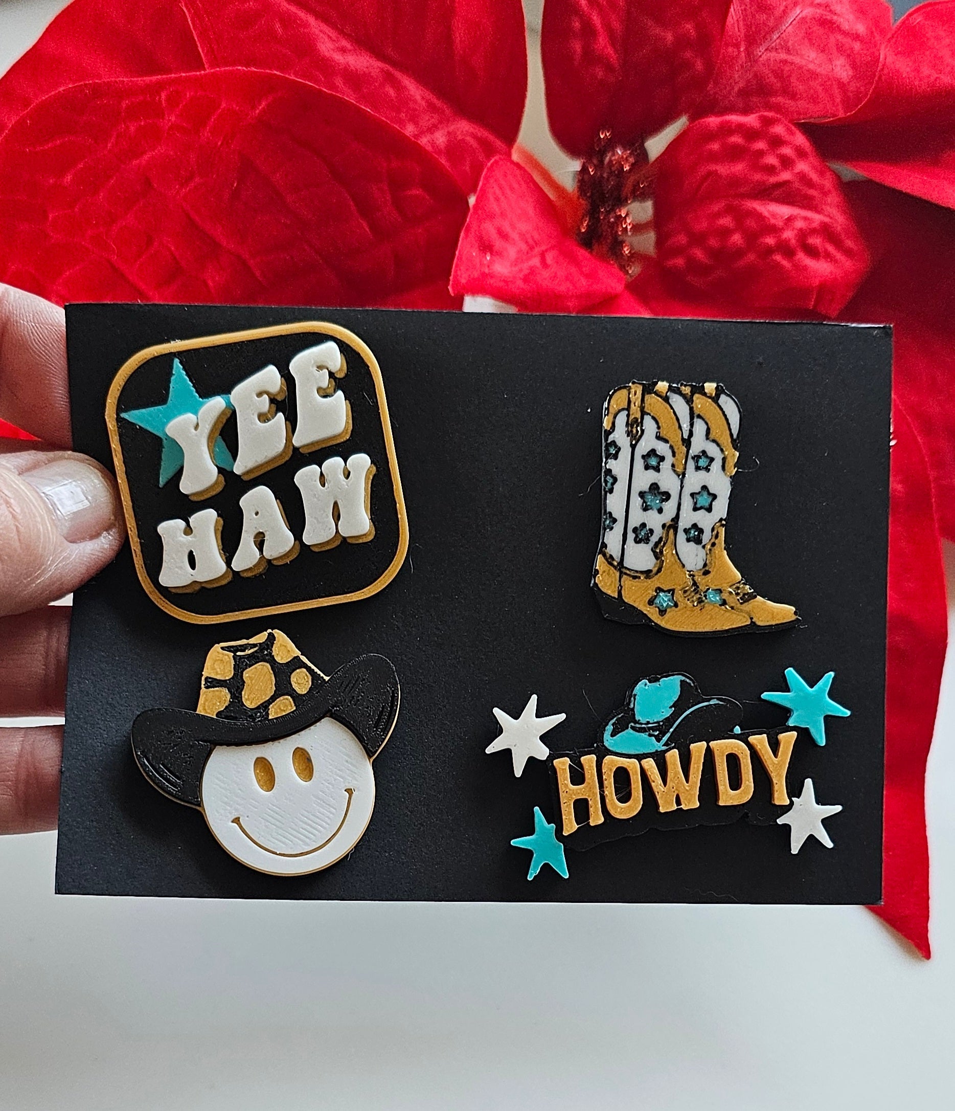 Set of 4 3D Print Western Cowboy Yeehaw Howdy Hat Pins Made in America choice of colors Baha Ranch Western Wear