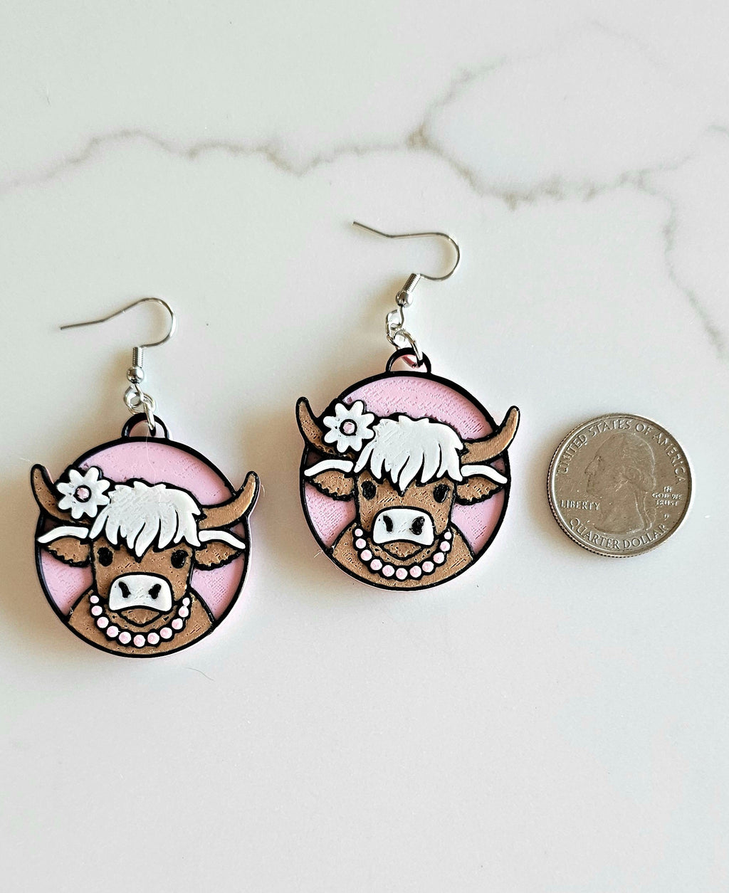 3D Print Cowgirl Highland Cow Picture Necklace or Earrings Western Made in America Baha Ranch Western Wear