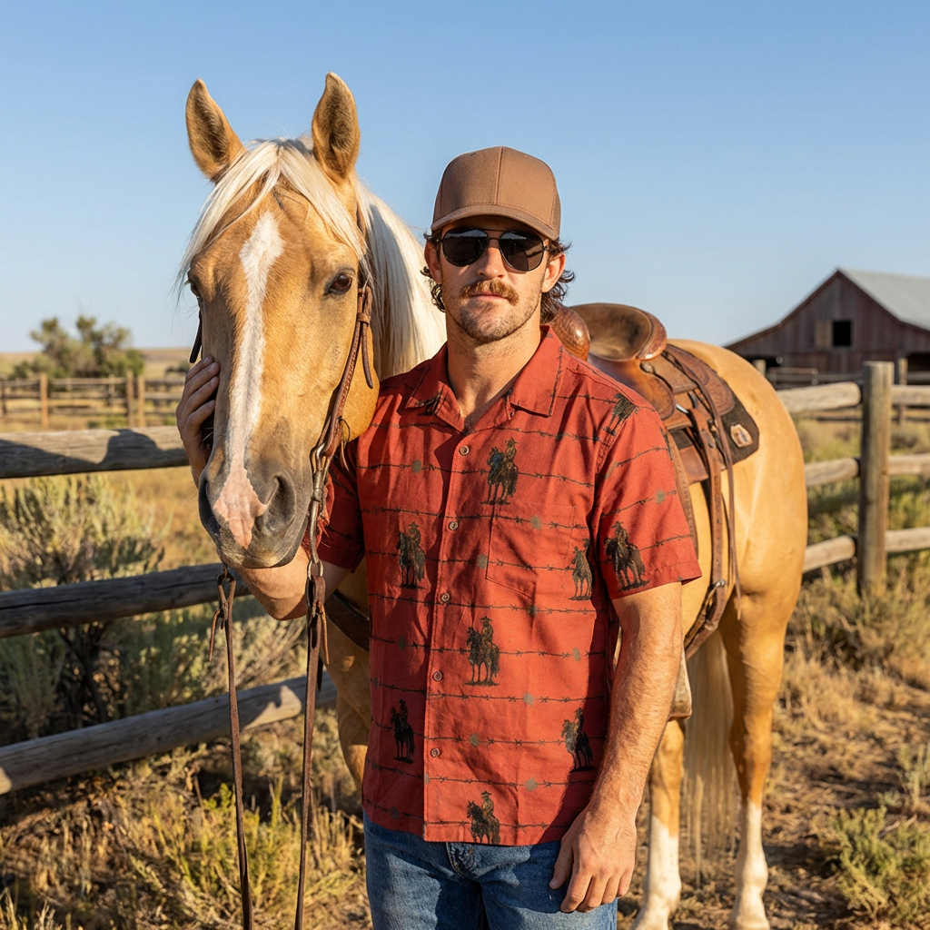Baha Ranch Brown Saddle Up Western Hawaiian Shirt Made in America Baha Ranch Western Wear
