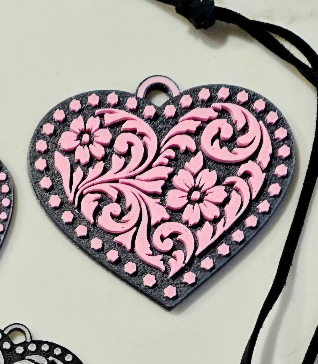 3d Printed Tooled Cowboy Cowgirl Heart  Keychain or Purse Charm Baha Ranch Western Wear