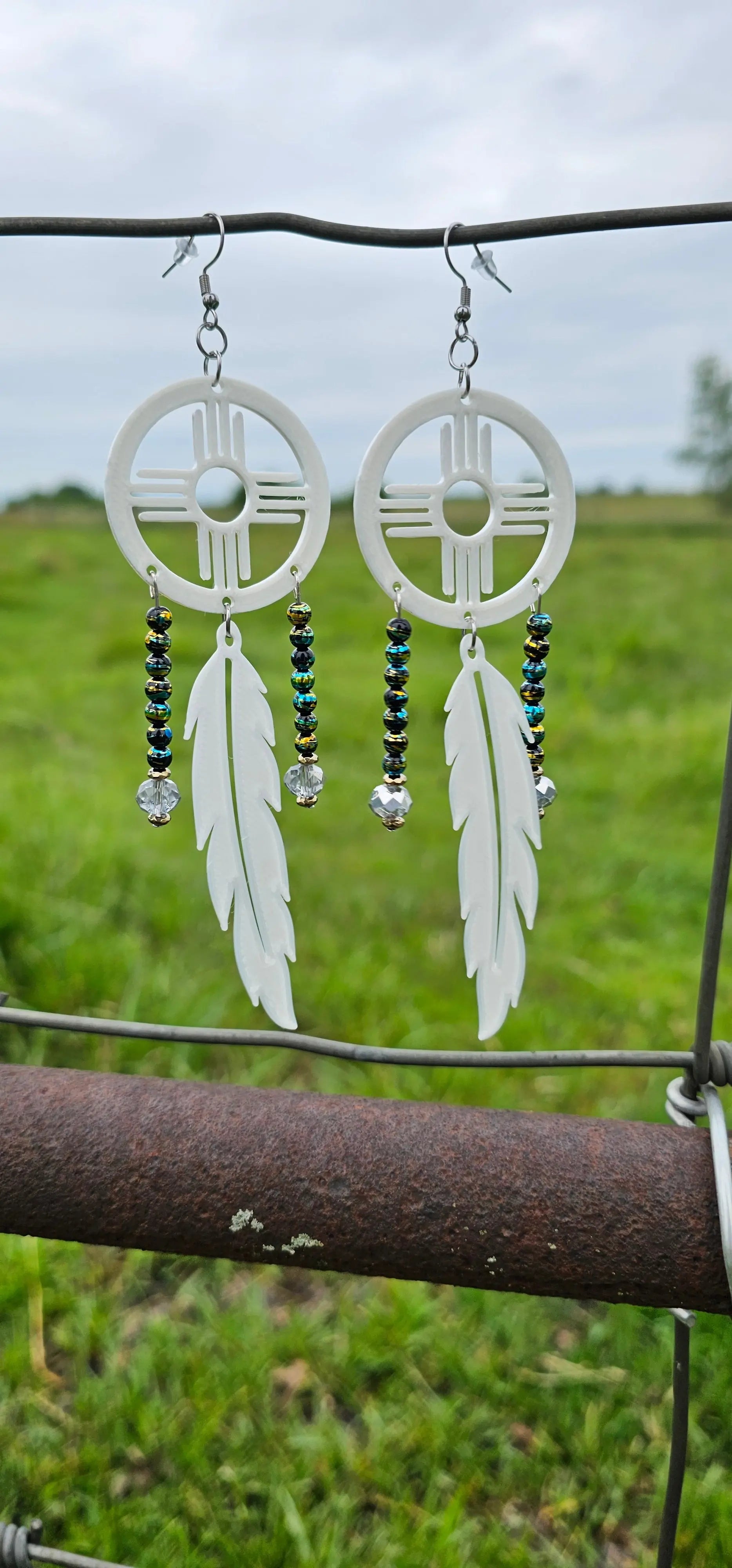 3D print Lightweight New Mexico Zia Feather Dream Catcher Earrings Made in America Baha Ranch Western Wear