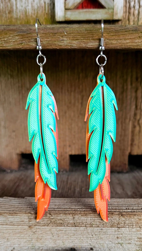 3D Print Double Feather Boho Earrings Made in America Baha Ranch Western Wear