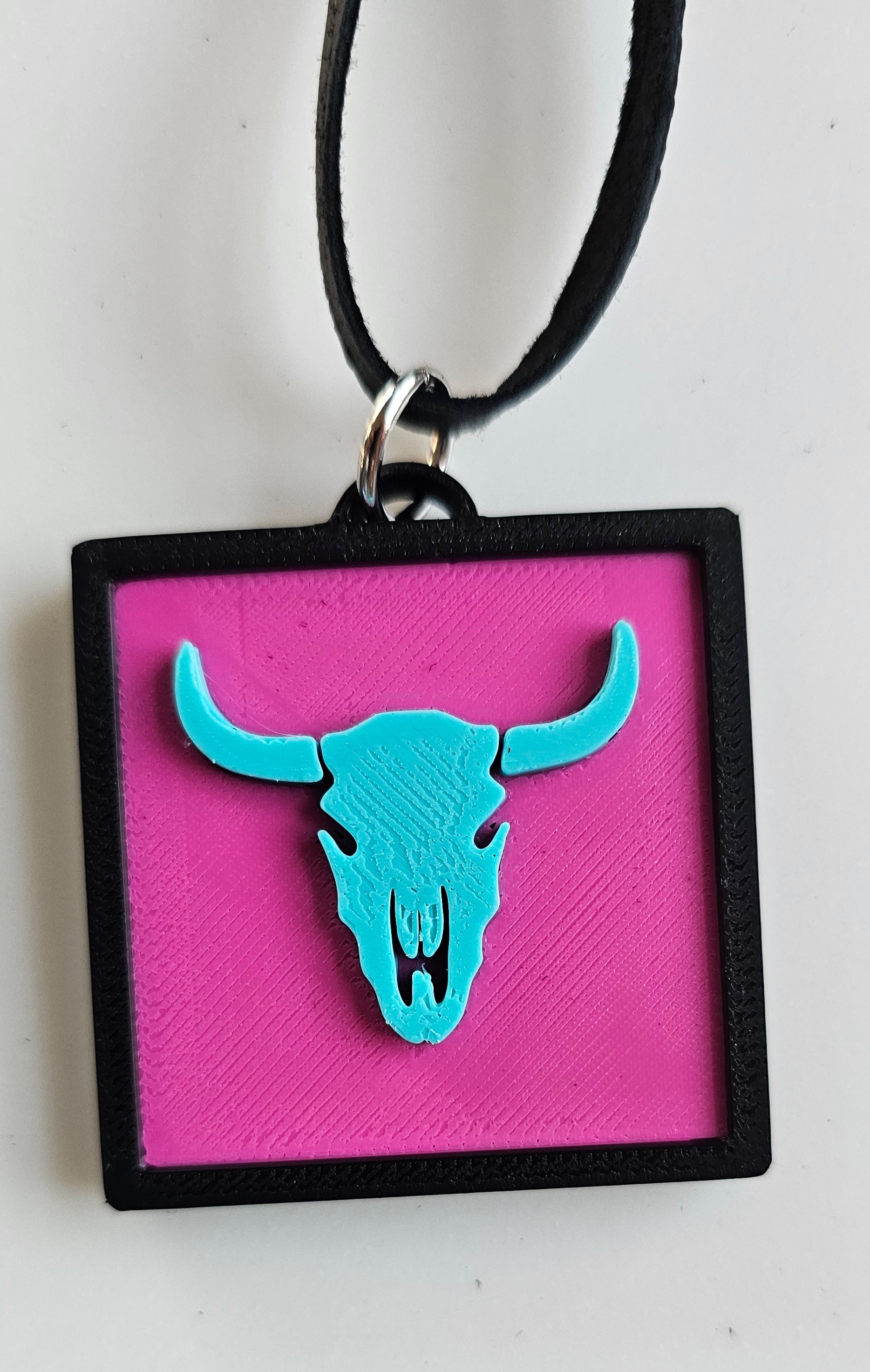3D Print Picture Necklace on Deerskin Leather Western Bull Skull Desert Cactus Made in America Baha Ranch Western Wear