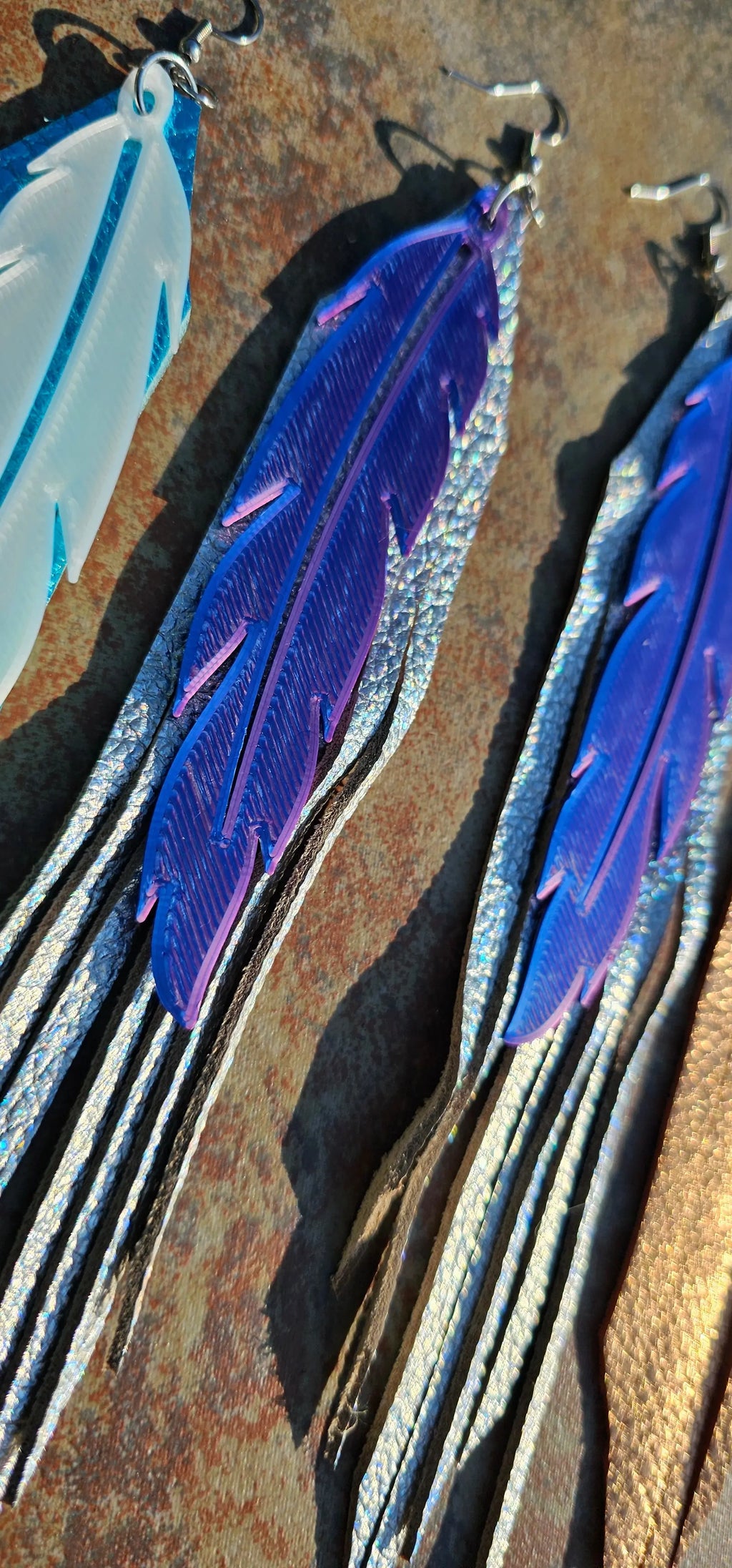 3D Printed Feather Leather Fringe Earrings Made in America Baha Ranch Western Wear