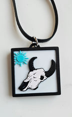 3D Print Picture Necklace on Deerskin Leather Western Bull Skull Desert Cactus Made in America Baha Ranch Western Wear