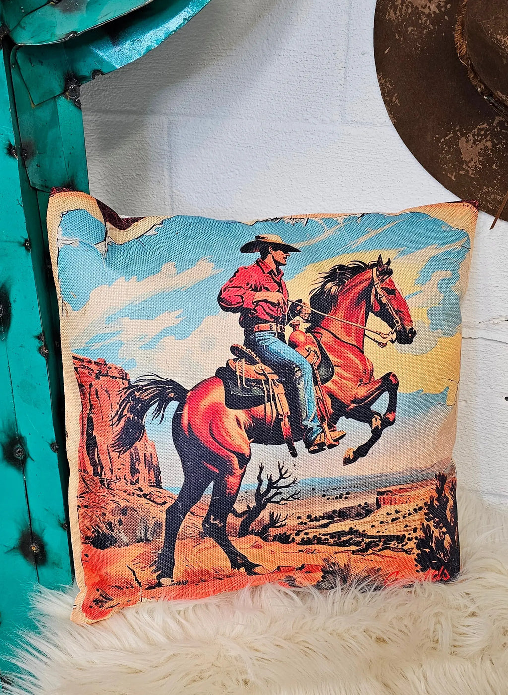Vintage Cowboy Pillow Case Made in America Baha Ranch Western Wear