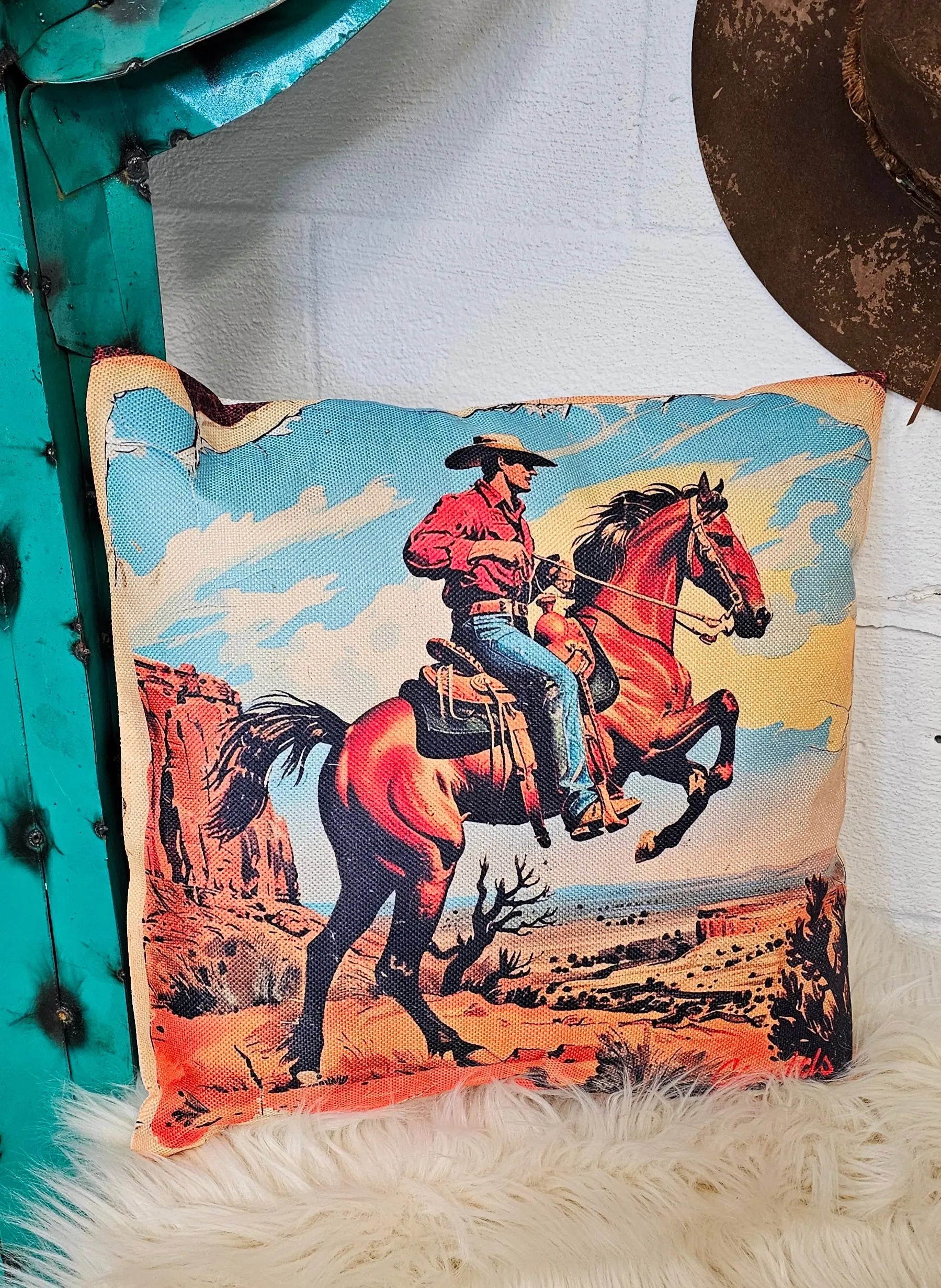 Vintage Cowboy Pillow Case Made in America Baha Ranch Western Wear