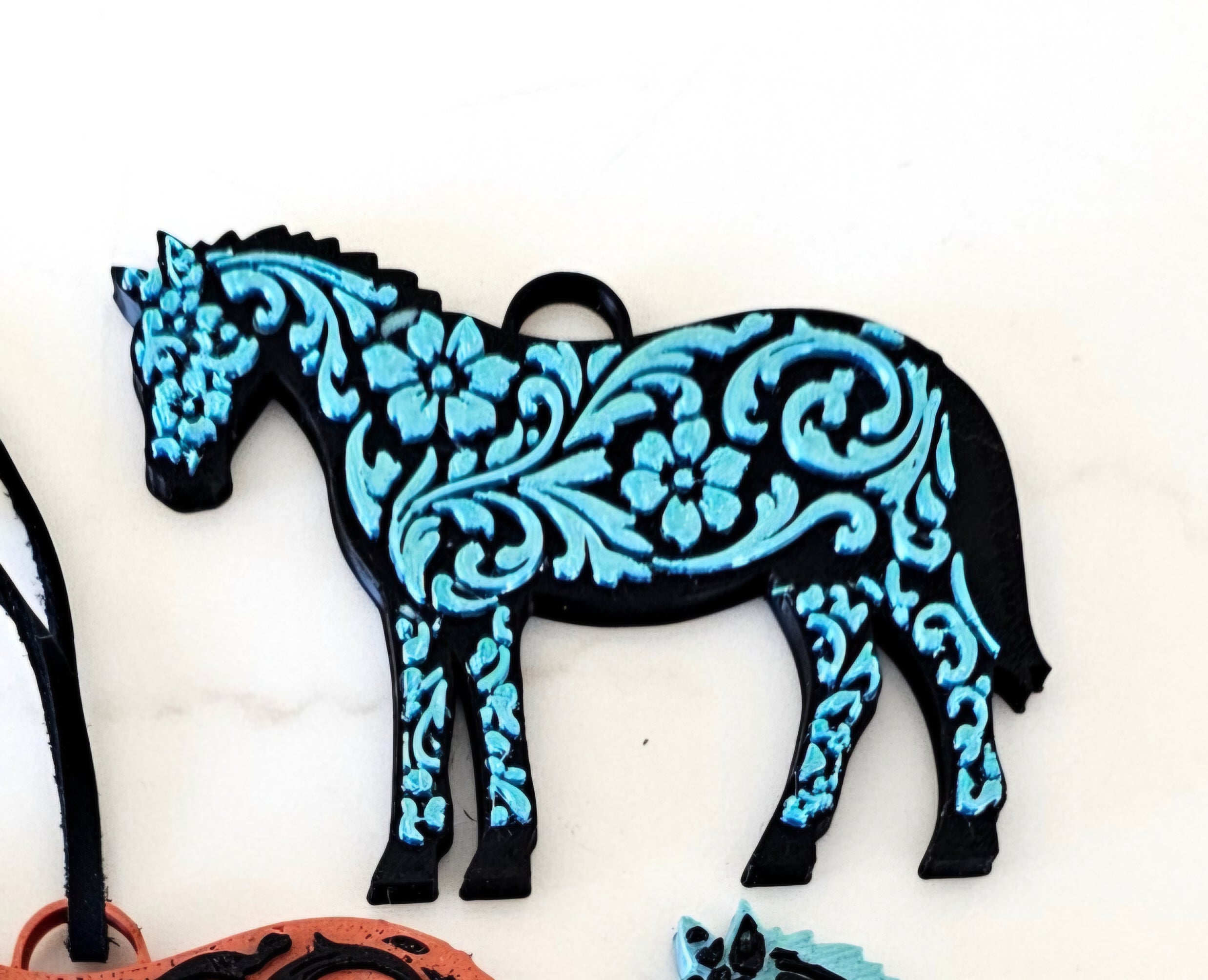 Baha Ranch 3D Print Floral Tooled Horse Charm or Keychain Made in America Baha Ranch Western Wear