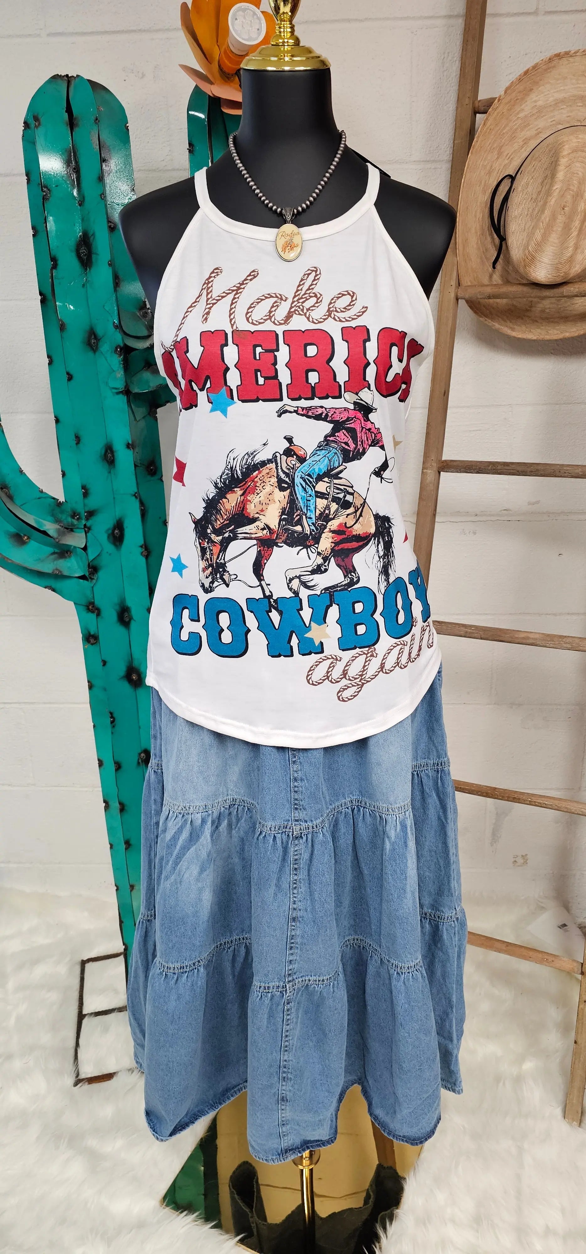 Make America Cowboy Again Rodeo Tank Baha Ranch Western Wear