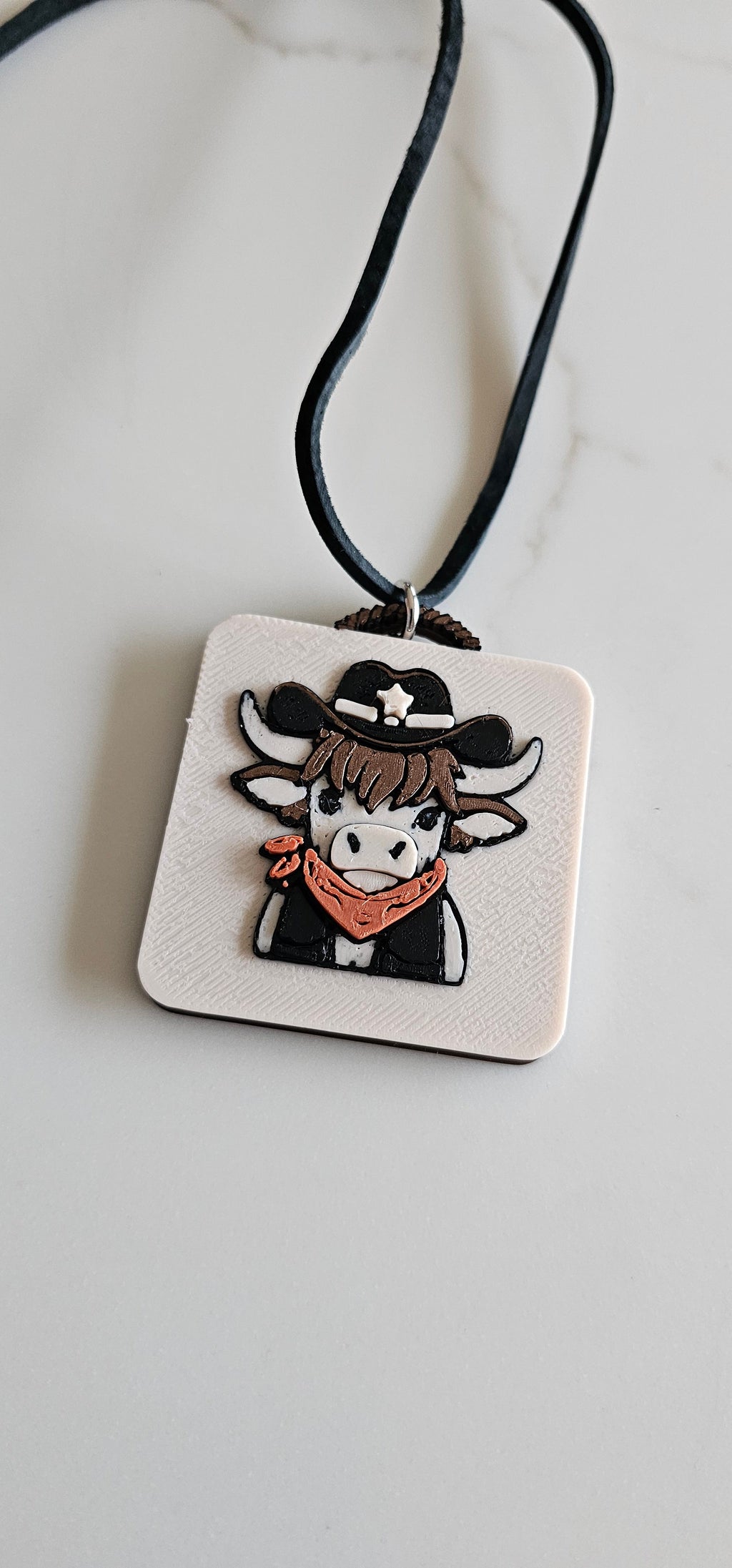 3D Print Cowboy Highland Cow Picture Necklace, Keychain or Purse Charm on Suede Leather Western Made in America Baha Ranch Western Wear