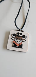 3D Print Cowboy Highland Cow Picture Necklace, Keychain or Purse Charm on Suede Leather Western Made in America Baha Ranch Western Wear
