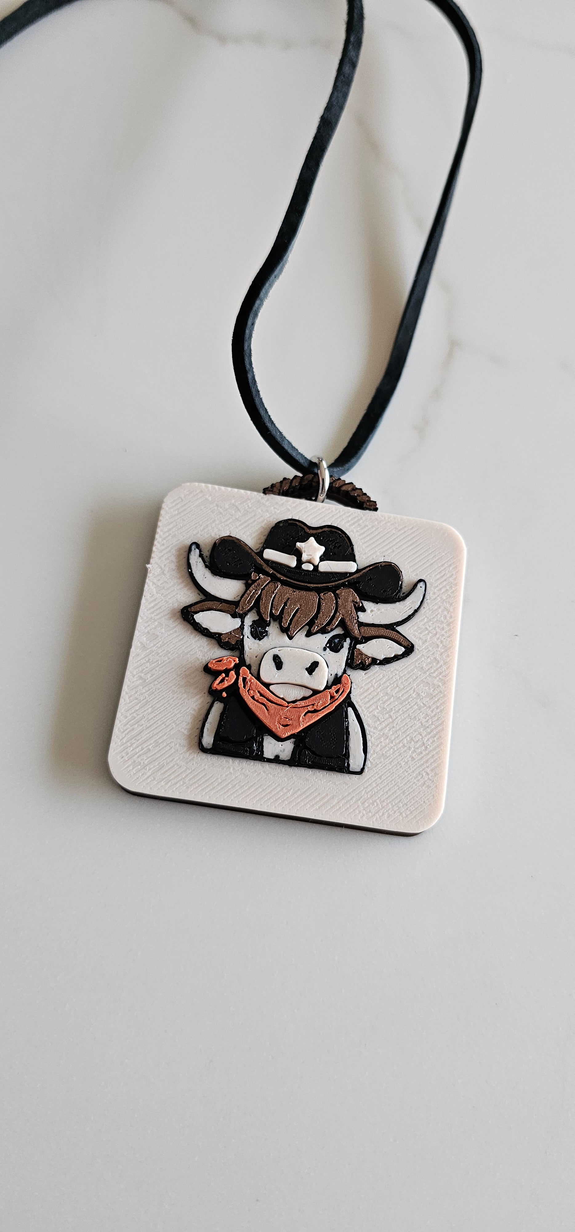 3D Print Cowboy Highland Cow Picture Necklace, Keychain or Purse Charm on Suede Leather Western Made in America Baha Ranch Western Wear