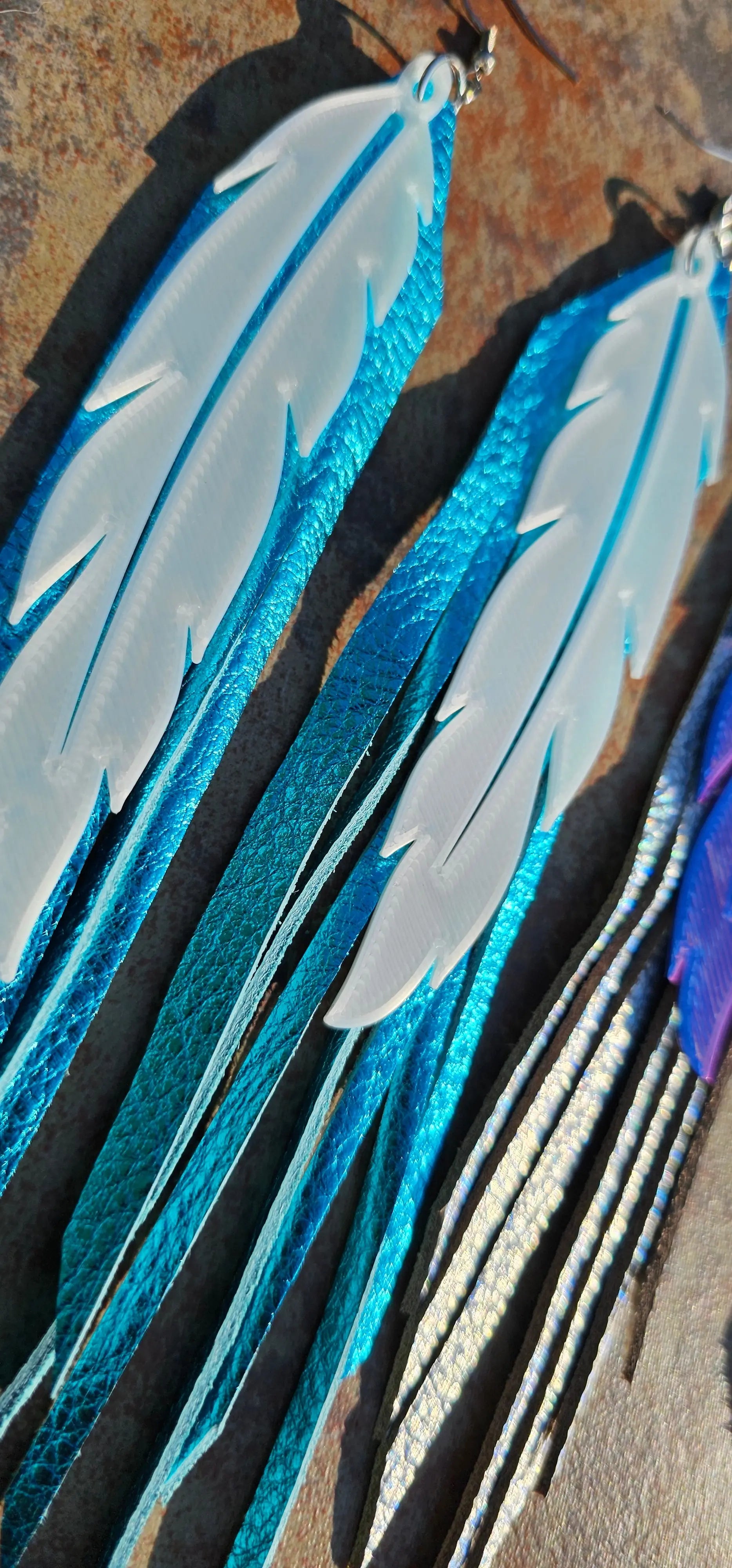 3D Printed Feather Leather Fringe Earrings Made in America Baha Ranch Western Wear