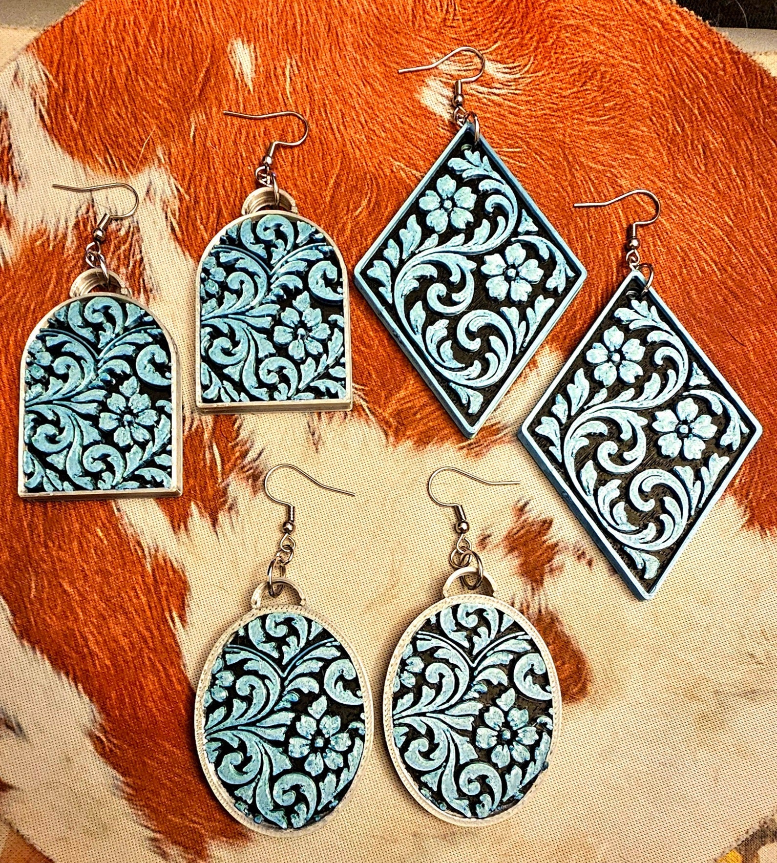 3D Print Western Tooled Turquoise  Earrings Made in America Baha Ranch Western Wear