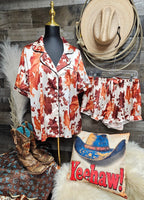Baha Ranch Cow Hide Print Western Cowgirl Satin Pajama Set Baha Ranch Western Wear