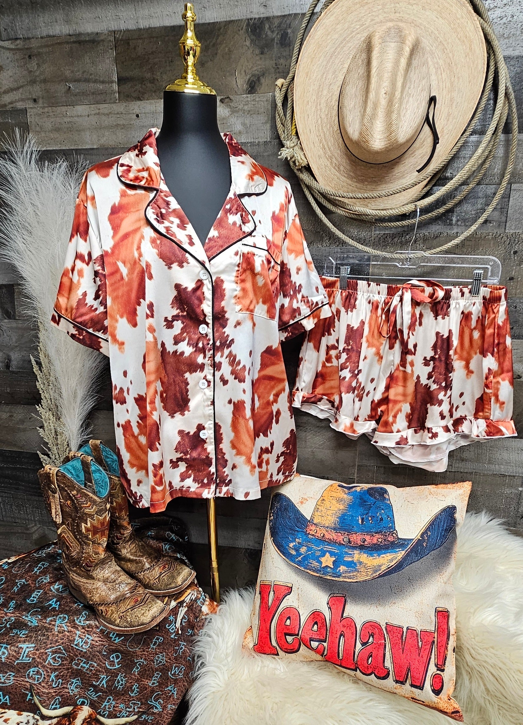 Baha Ranch Cow Hide Print Western Cowgirl Satin Pajama Set Baha Ranch Western Wear