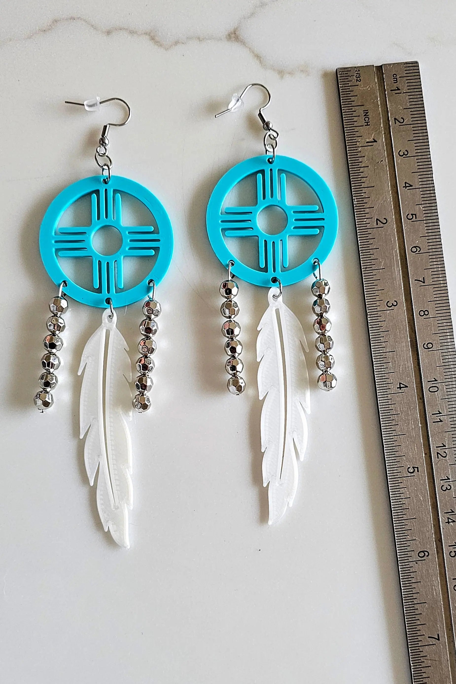 3D print Lightweight Turquoise New Mexico Zia Feather Dream Catcher Earrings Made in America Baha Ranch Western Wear