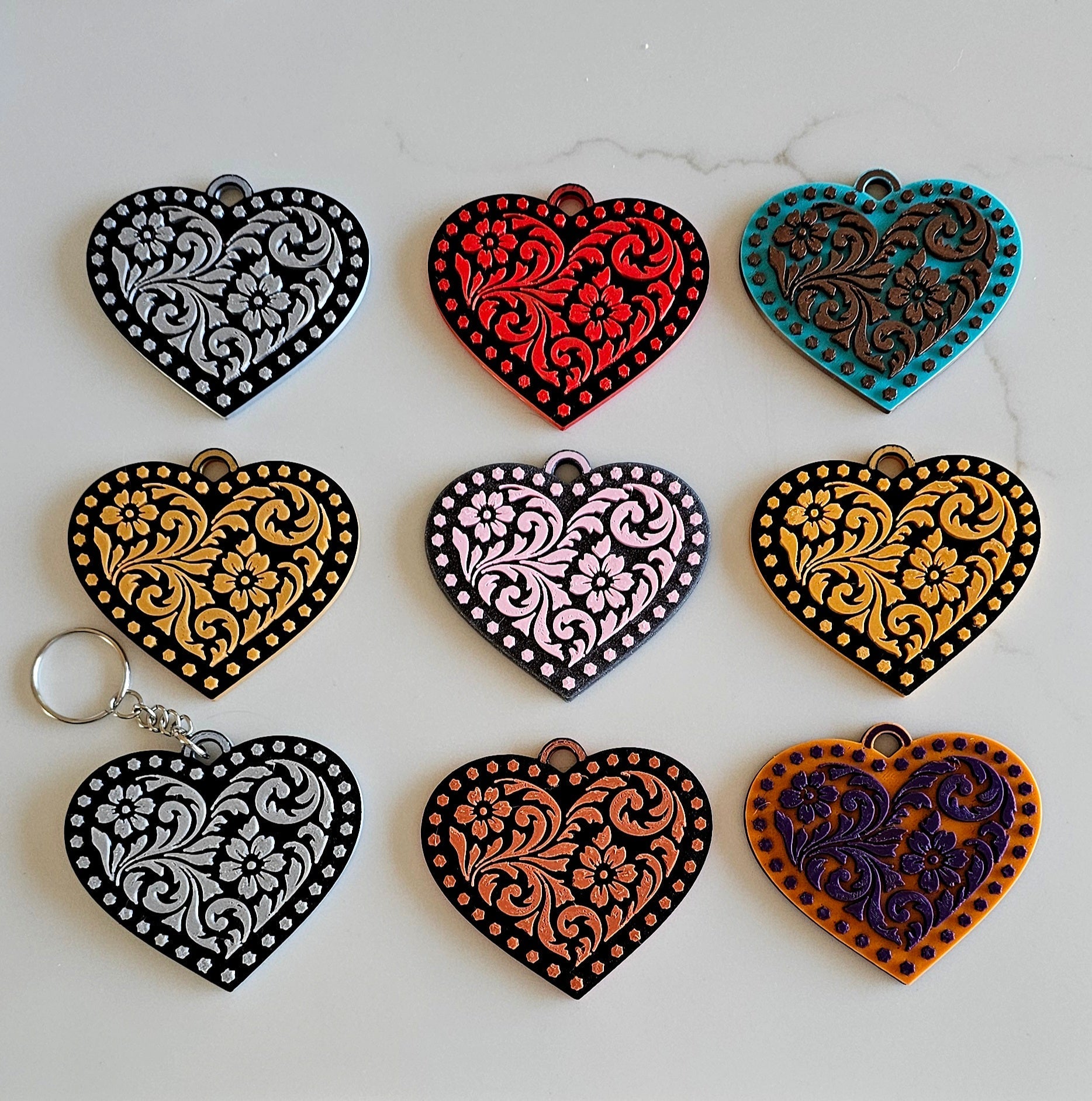3d Printed Tooled Cowboy Cowgirl Heart  Keychain or Purse Charm Baha Ranch Western Wear