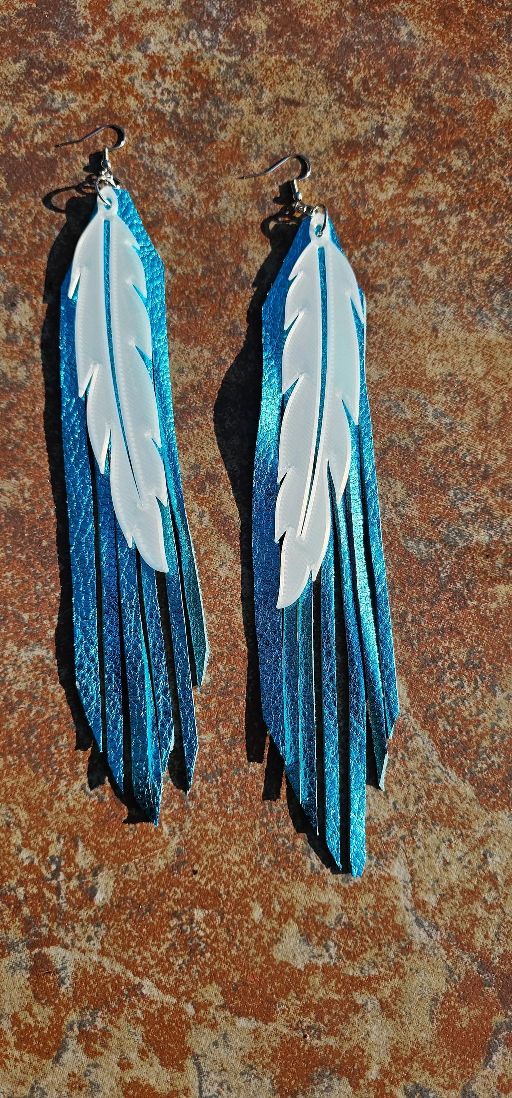 3D Printed Feather Leather Fringe Earrings Made in America Baha Ranch Western Wear