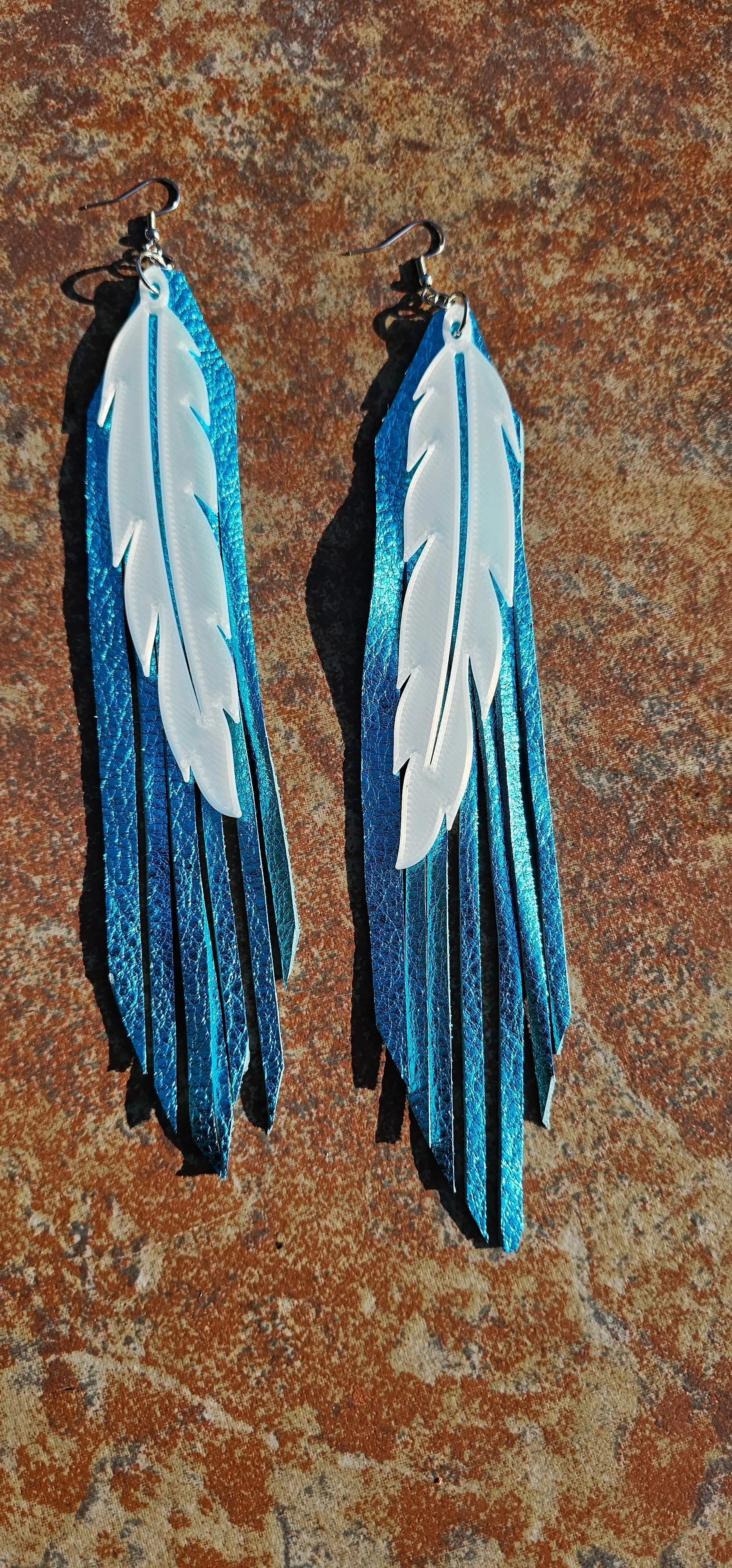 3D Printed Feather Leather Fringe Earrings Made in America Baha Ranch Western Wear