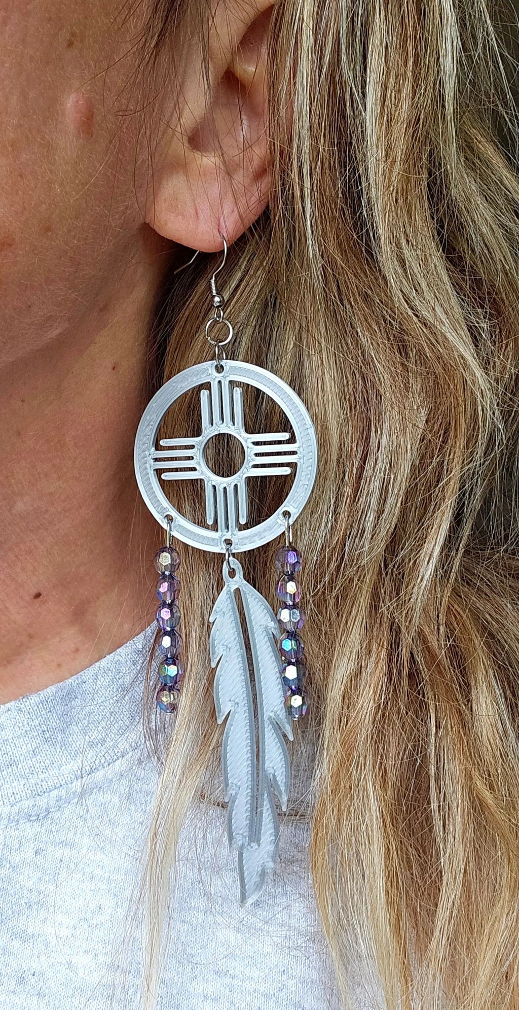 3D print Lightweight Silver New Mexico Zia Feather Dream Catcher Earrings Made in America Baha Ranch Western Wear