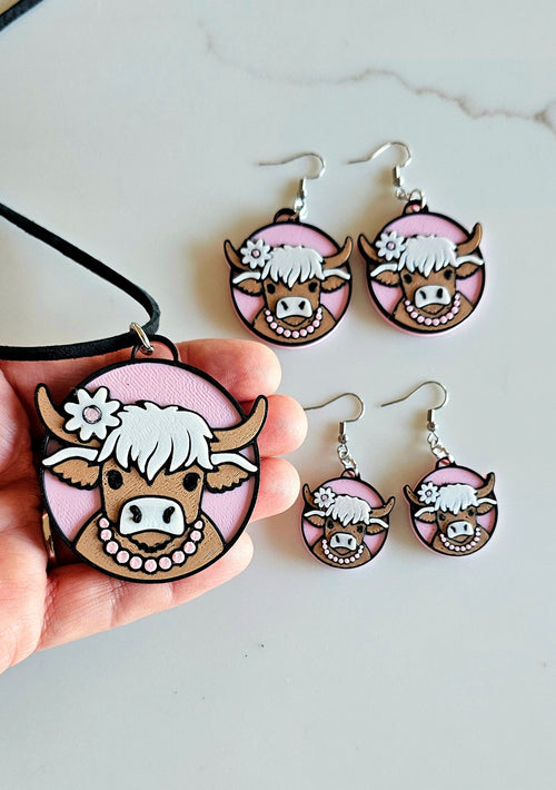 3d Western Cowgirl Cowboy Highland Cow Theme - Necklace, Purse Charm, Earrings, Keychain, Magnet Baha Ranch Western Wear
