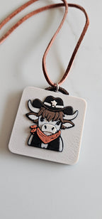 3D Print Cowboy Highland Cow Picture Necklace, Keychain or Purse Charm on Suede Leather Western Made in America Baha Ranch Western Wear