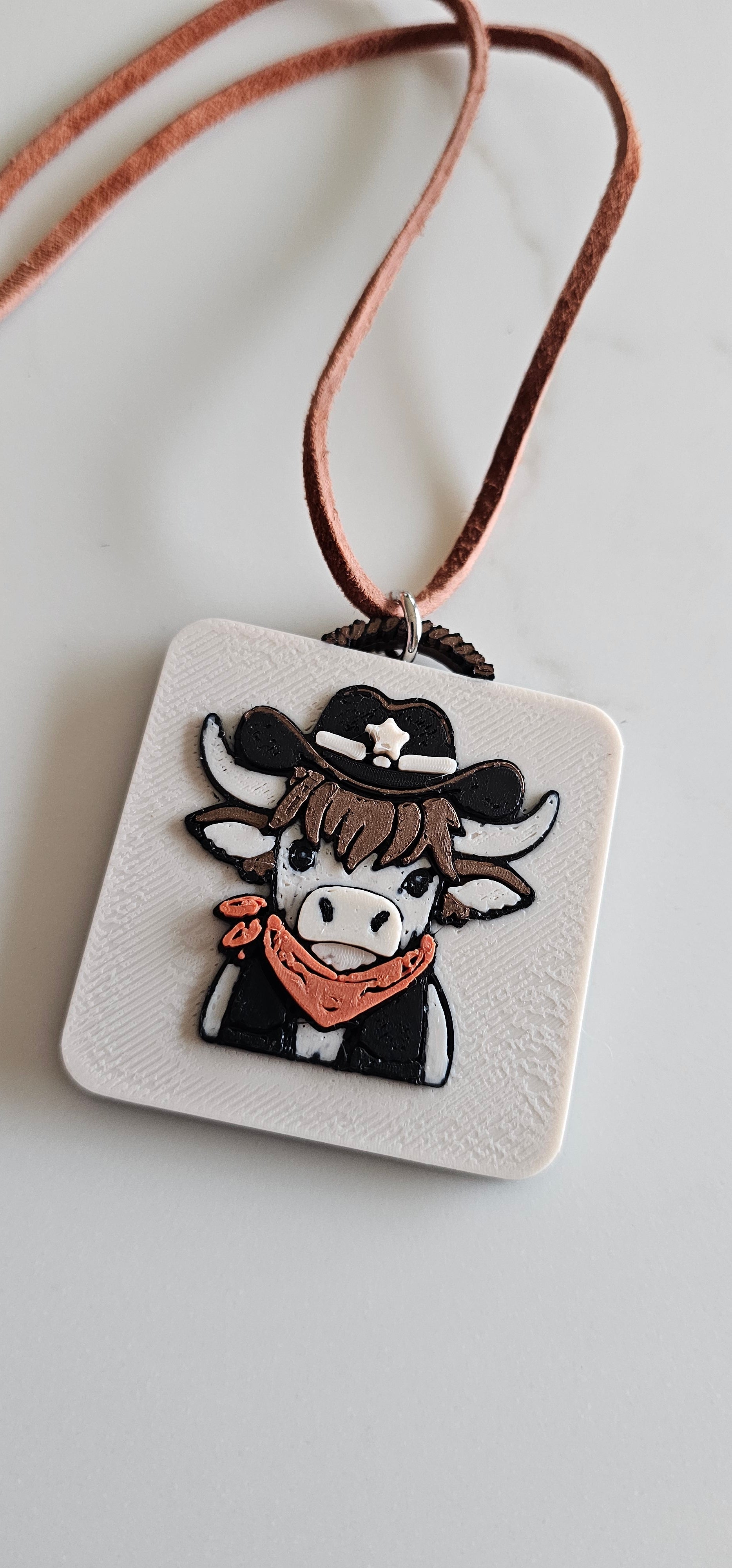 3D Print Cowboy Highland Cow Picture Necklace, Keychain or Purse Charm on Suede Leather Western Made in America Baha Ranch Western Wear