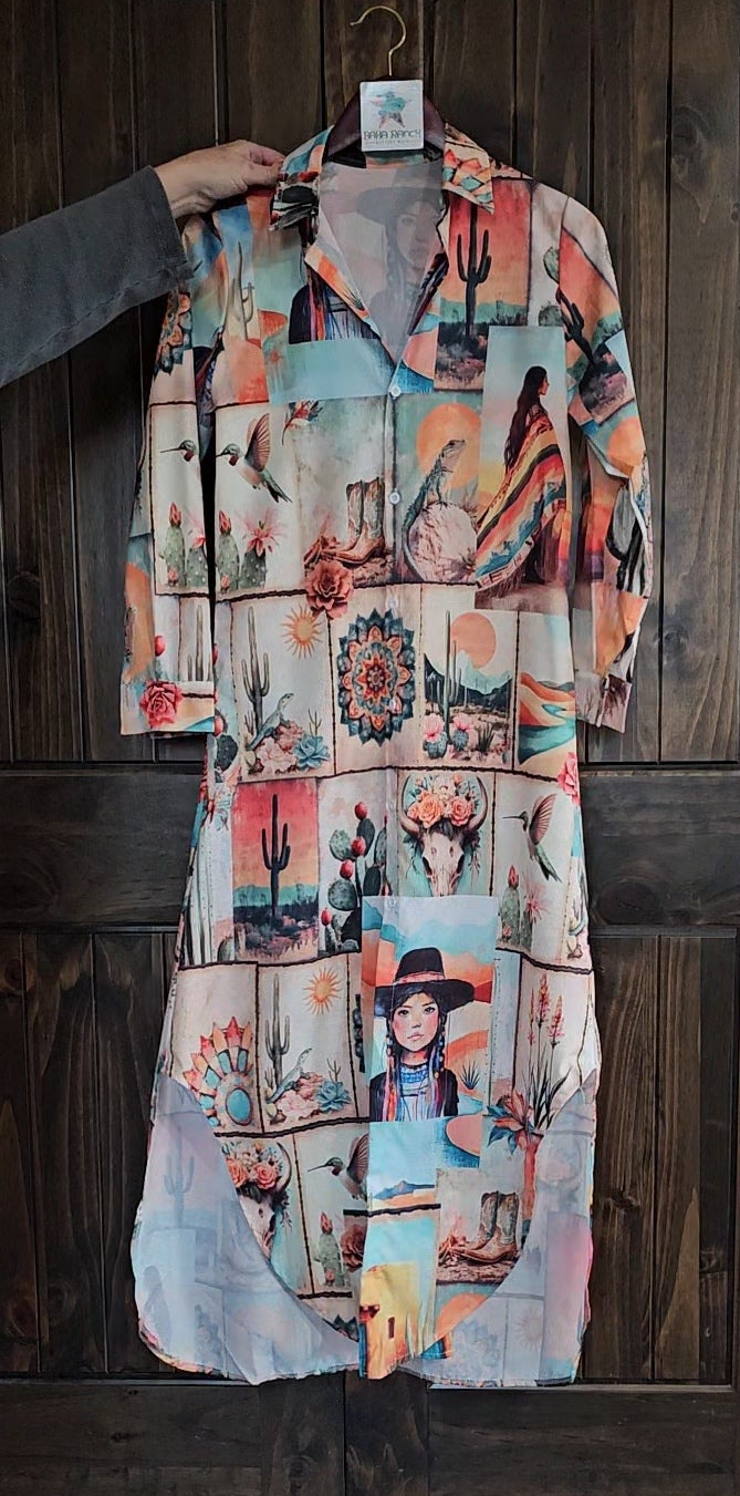 Colores de Mexico Pictures of the Southwest Button-Up Long Sleeve Shirt Dress Duster Baha Ranch Western Wear