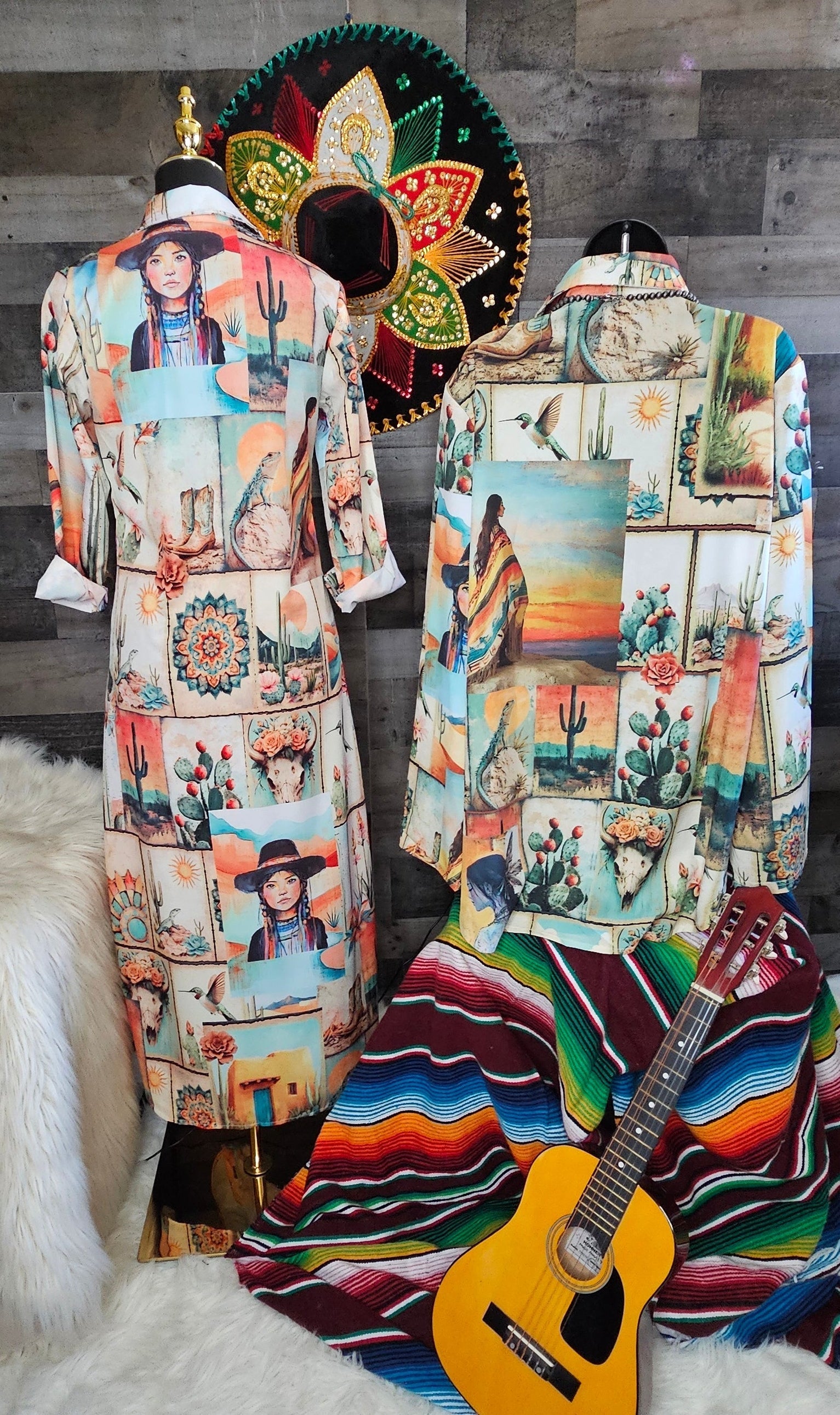 Colores de Mexico Pictures of the Southwest Button-Up Long Sleeve Shirt Dress Duster Baha Ranch Western Wear