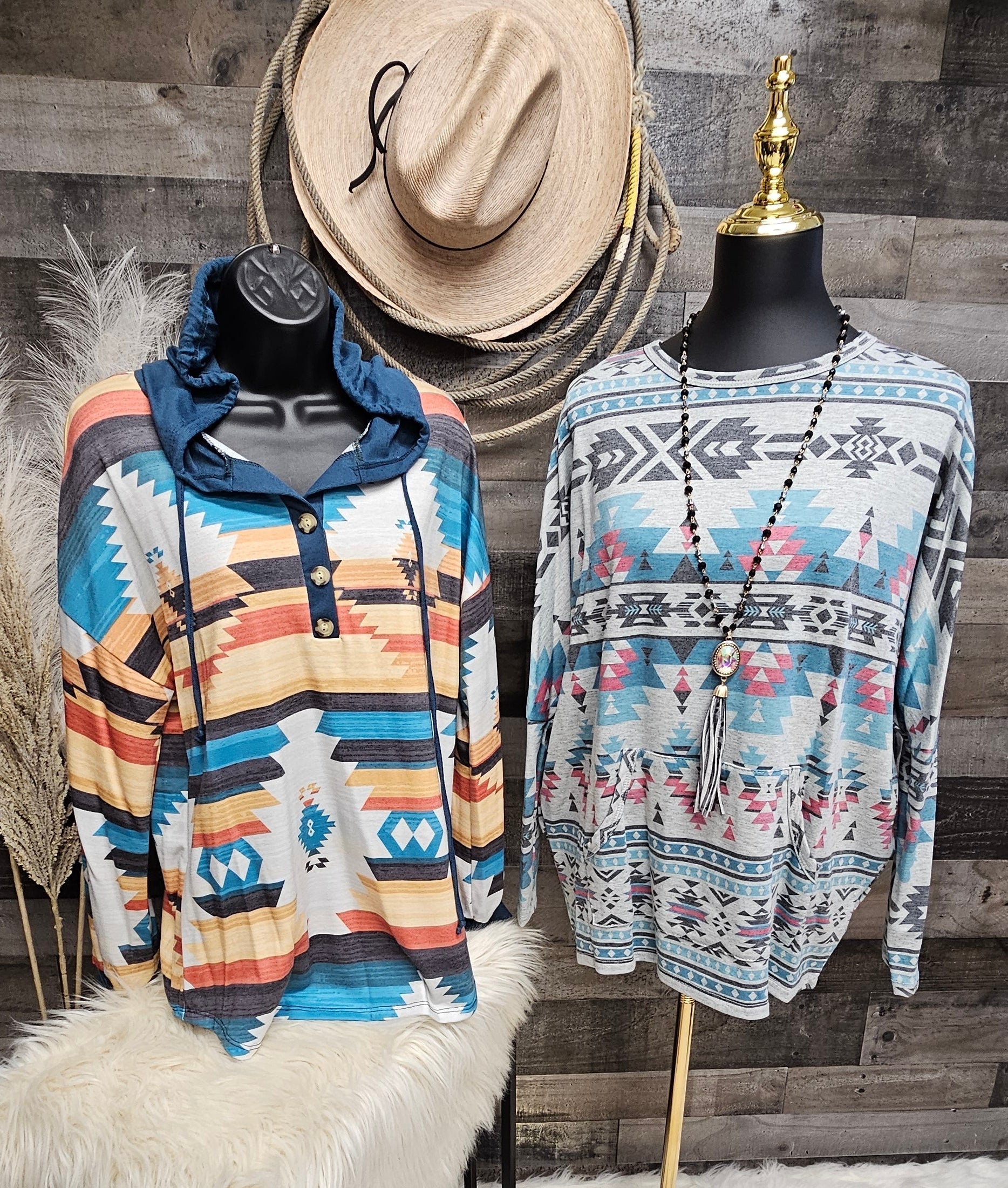 Smoky Mountain Gray Aztec Print Tunic with Pockets Made in America Baha Ranch Western Wear