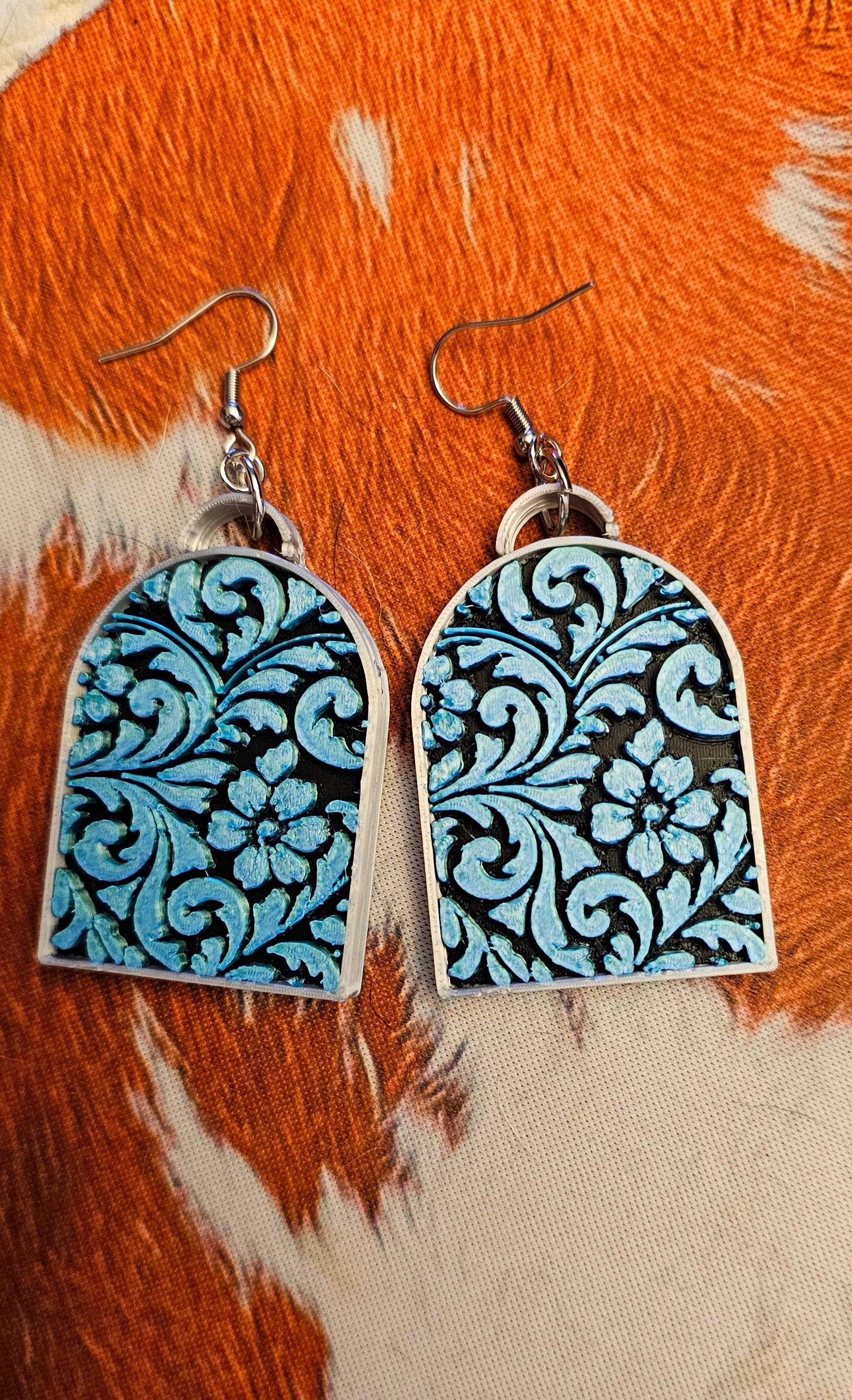 3D Print Western Tooled Turquoise  Earrings Made in America Baha Ranch Western Wear