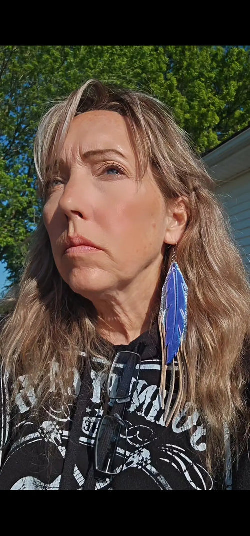 3D Printed Feather Leather Fringe Earrings Made in America Baha Ranch Western Wear