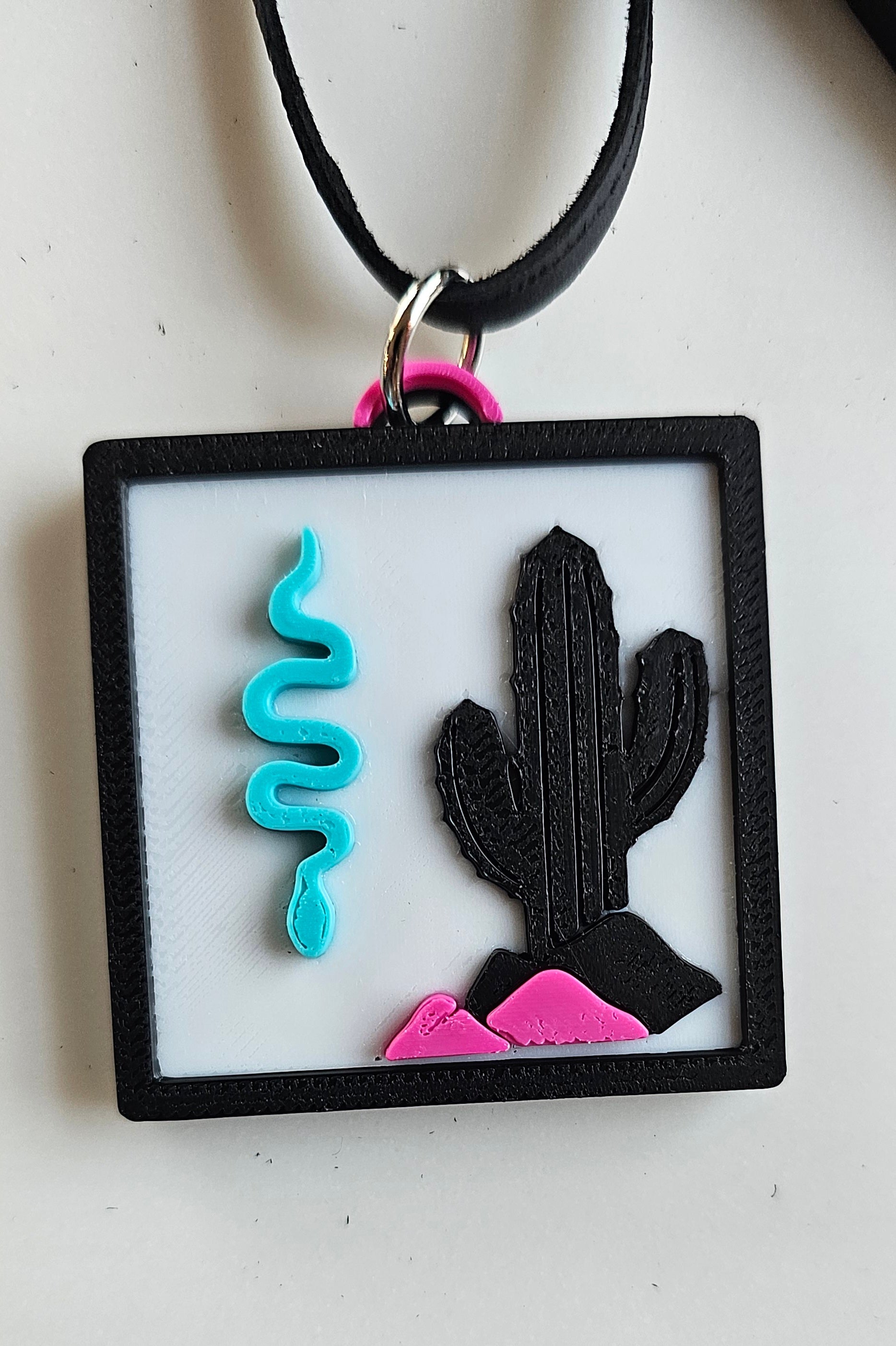 3D Print Picture Necklace on Deerskin Leather Western Bull Skull Desert Cactus Made in America Baha Ranch Western Wear