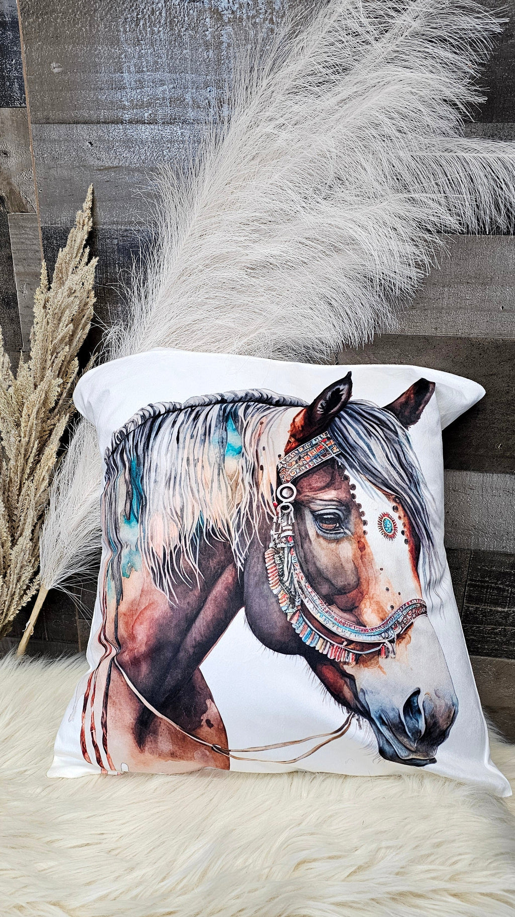Baha Ranch Fancy Horse on White Velvety Soft Pillow Case Made in America Baha Ranch Western Wear